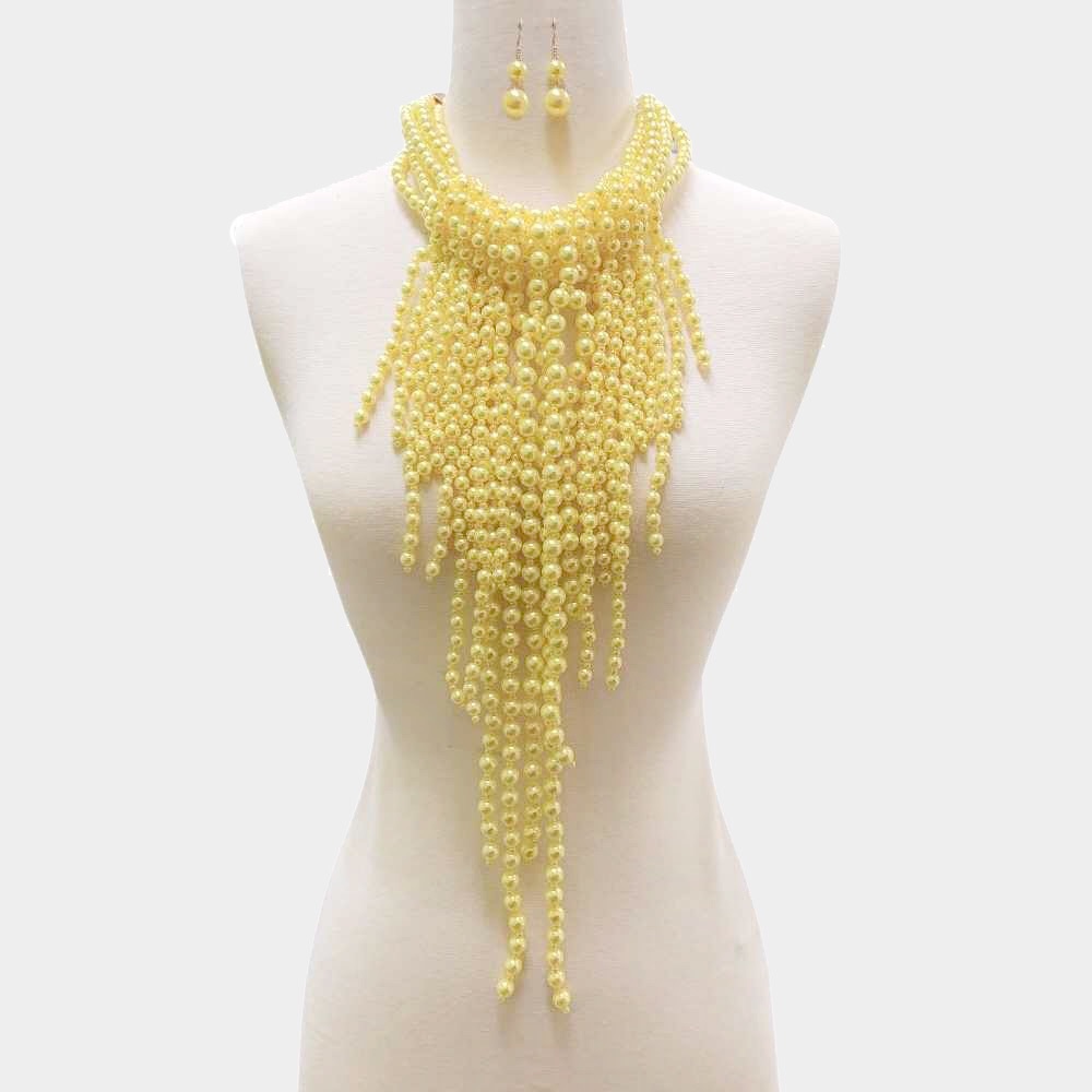 Yellow Multi strand pearl necklace set